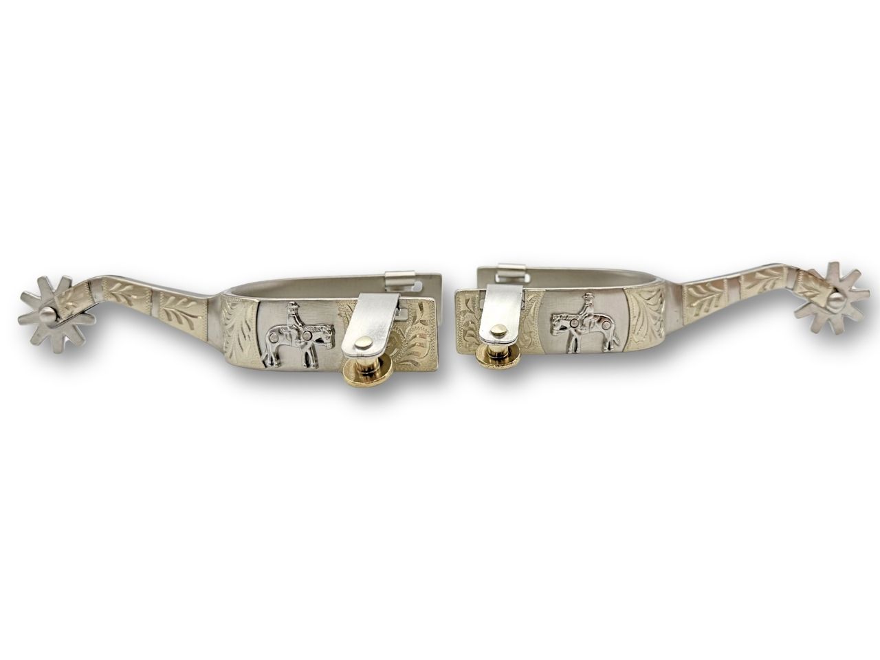 Western spurs silver with engraved decoration and reining horse emblem, wheel spurs