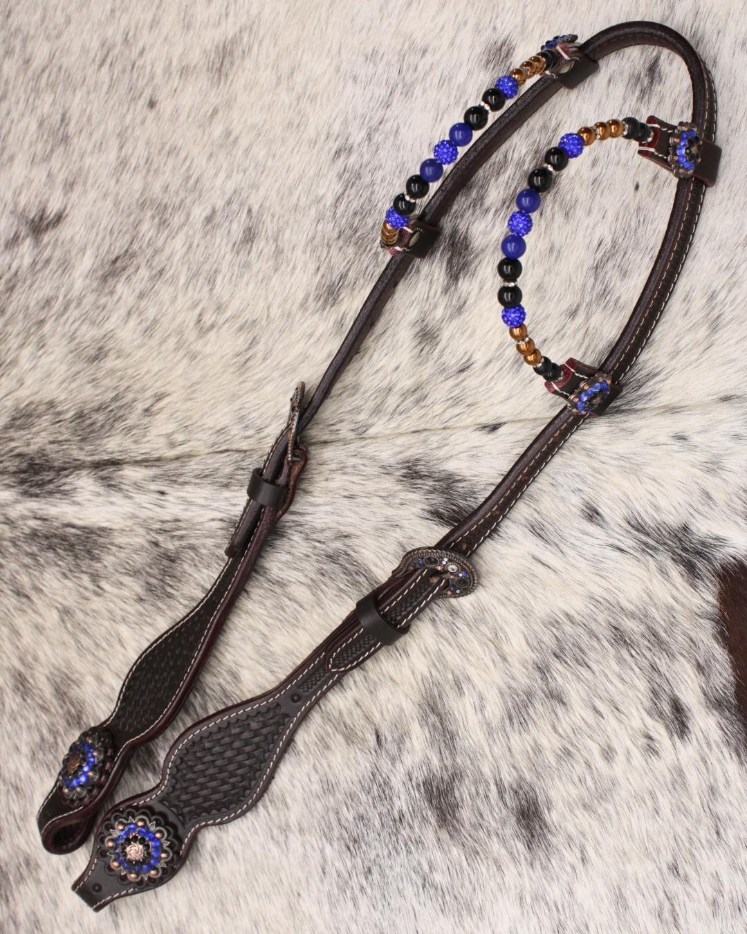 Two Ear Show western bridle royal blue with pearl earloops
