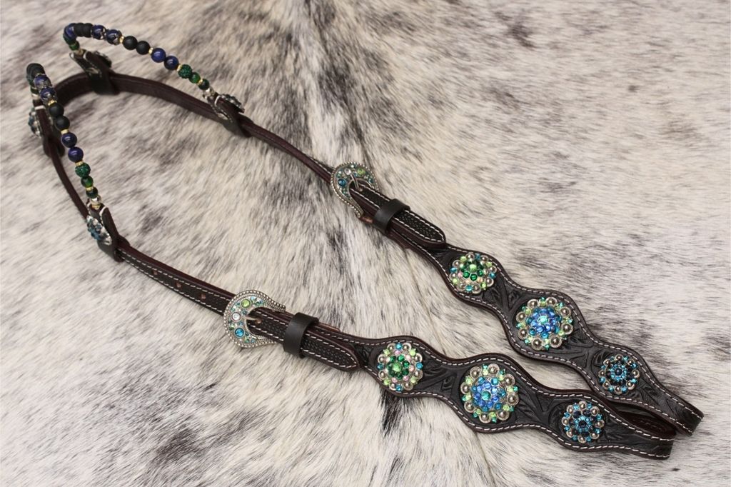 Two Ear Show western bridle blue/turquoise/green with pearl earloop