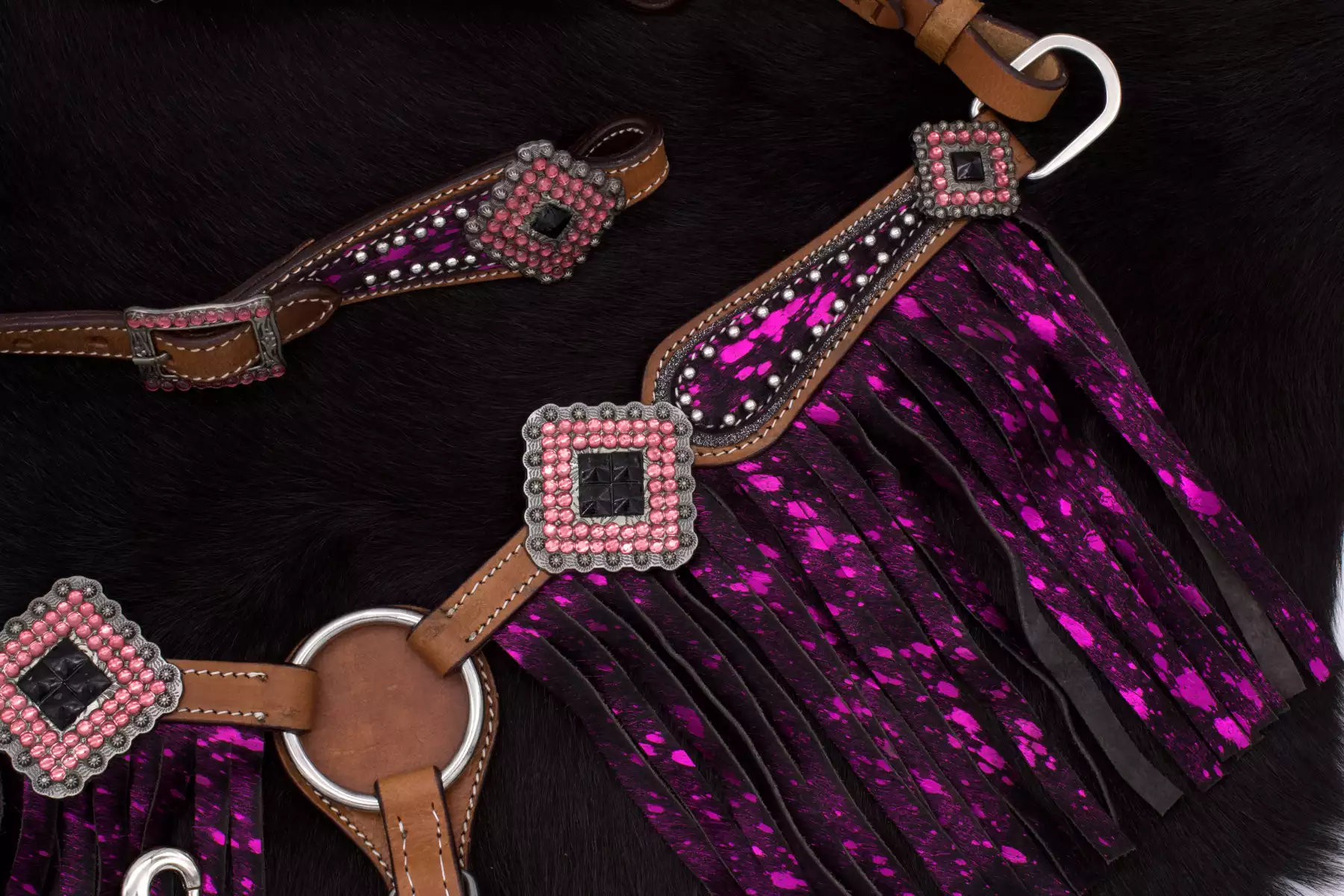 Minishetty / Shetty Westernset, Einohrtrense und Vorderzeug mit Fransen lila, pink, Strass