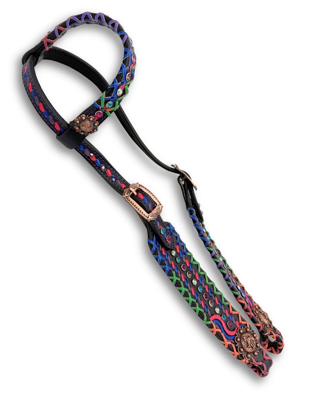 Single ear bridle black, western bridle rainbow rhinestones