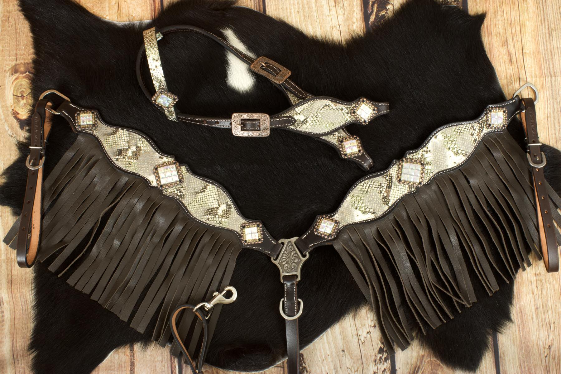 Vintage Show Western-Set Snake dunkel, Set aus Westerntrense mit Vorderzeug