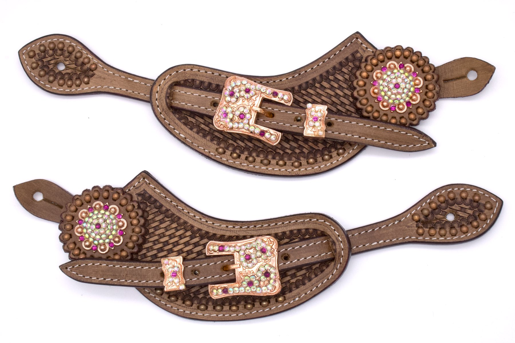 Western Sporenriemen braun mit rosegoldenen Strass-Conchos und verzierten Schnallen