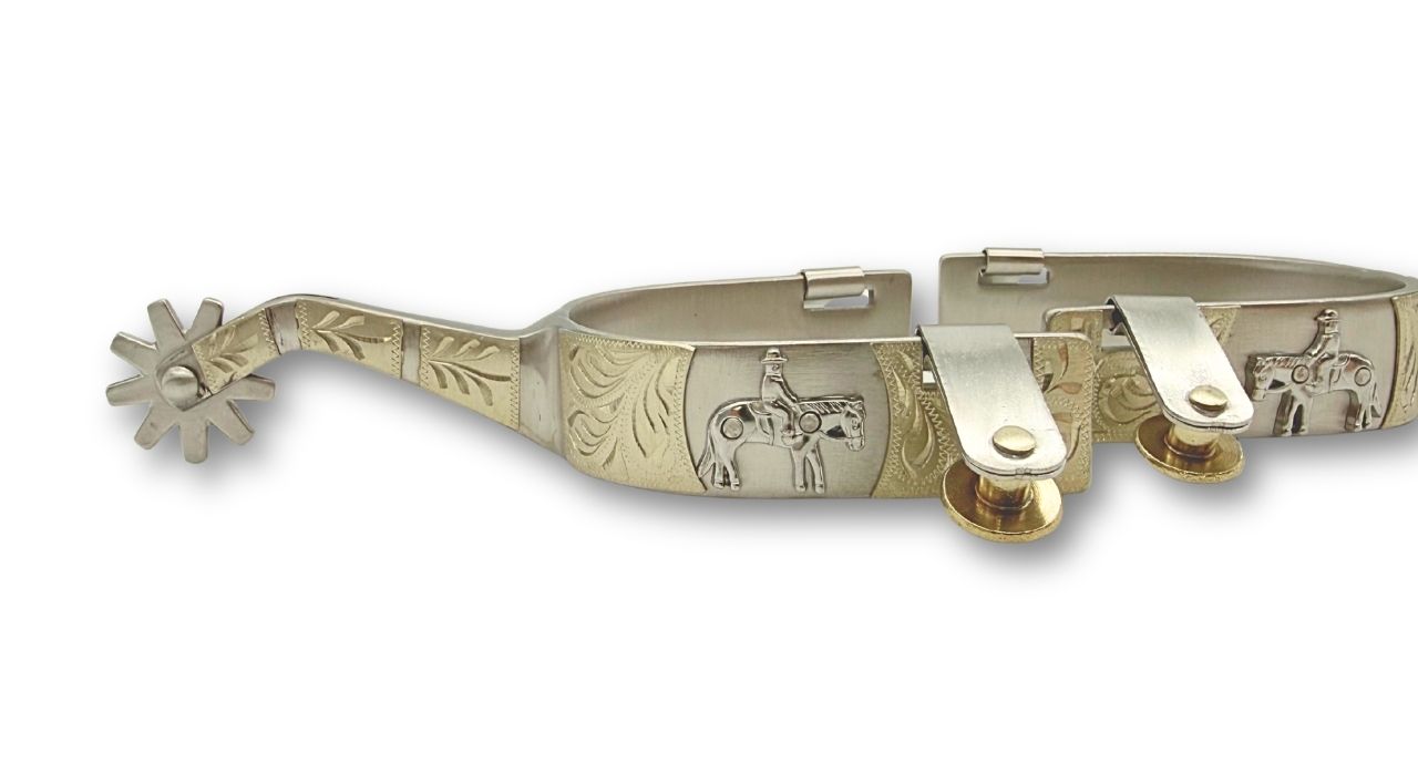 Western spurs silver with engraved decoration and reining horse emblem, wheel spurs