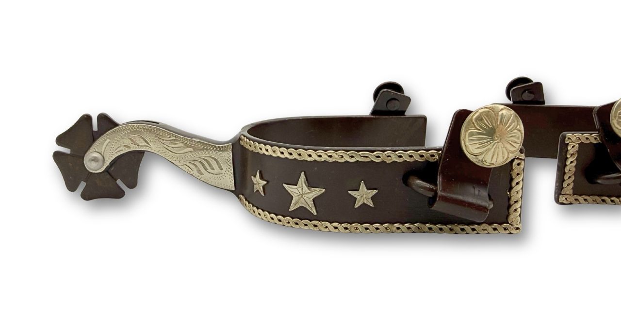 Western spurs black with engraved decoration and reining horse emblem, wheel spurs
