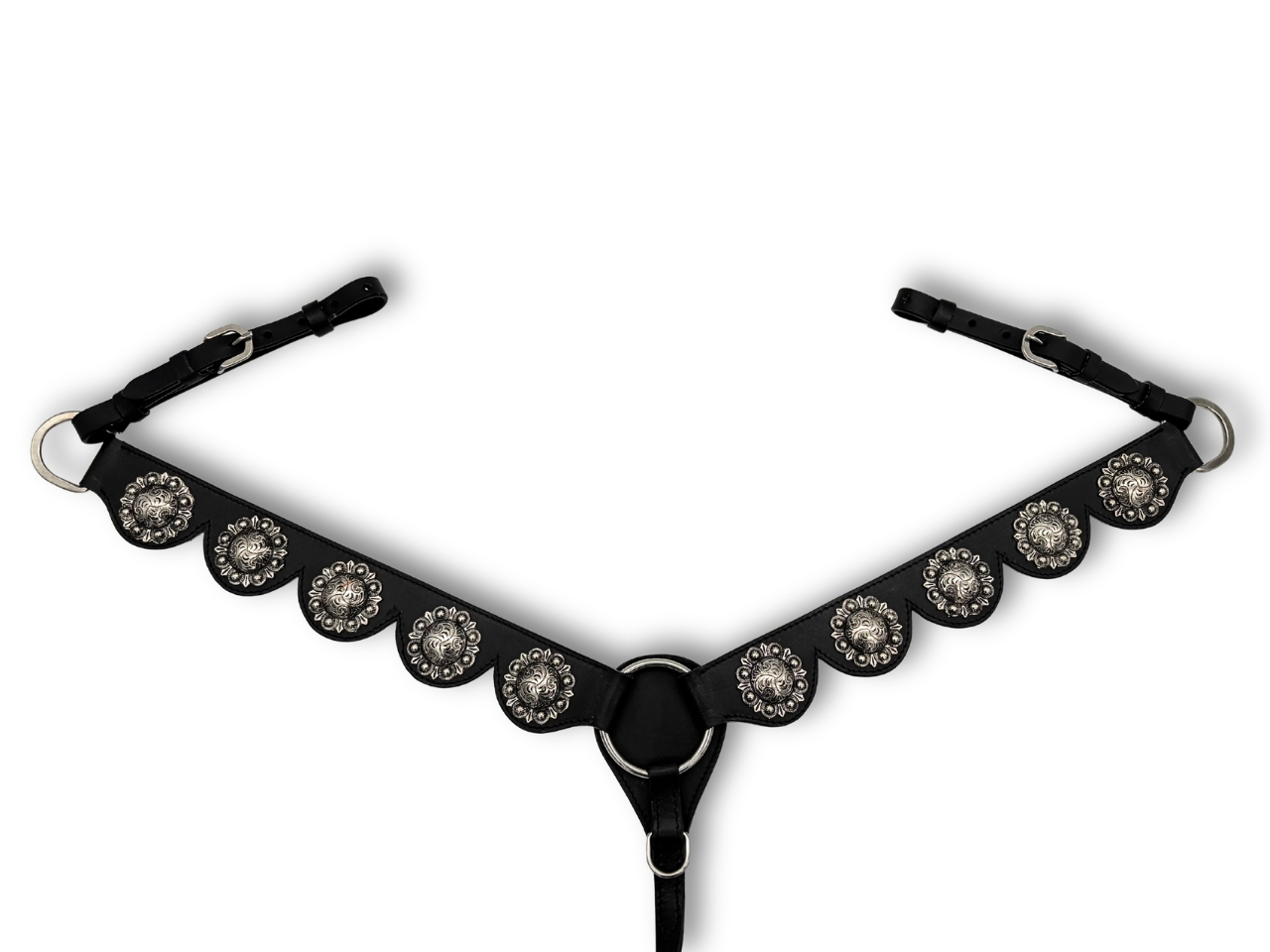Western leather breast collar, black with large conchos Baroque breast collar