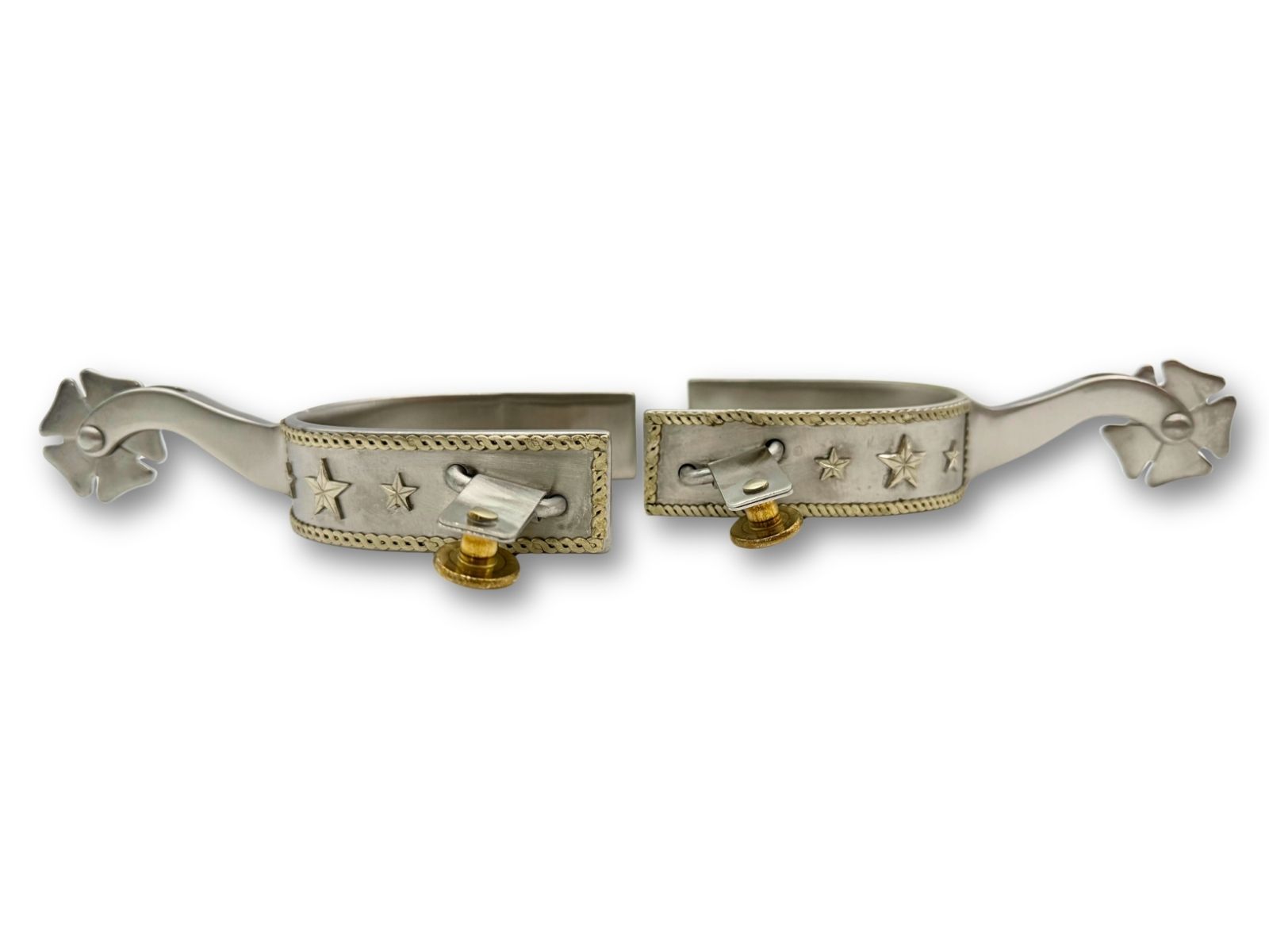 Western spurs silver with engraved decoration and reining horse emblem, wheel spurs