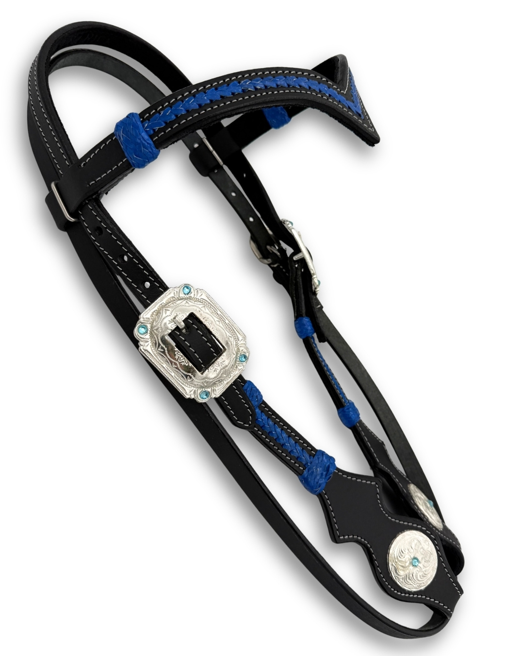 Western bridle dark brown with blue rawhide decorations, V-headband
