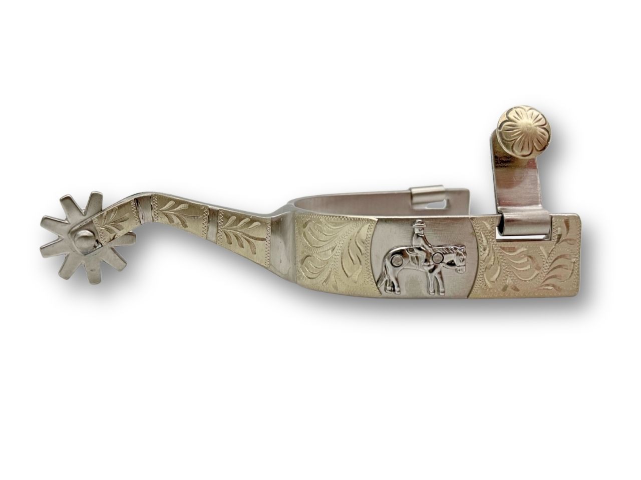 Western spurs silver with engraved decoration and reining horse emblem, wheel spurs