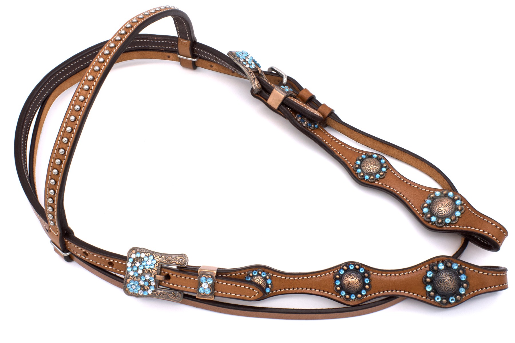 westerntrense-stirnriemen-tuerkis-vintage-2fonep49 Western Kopfstück mit blauen Strassteinen und gravierten Conchos