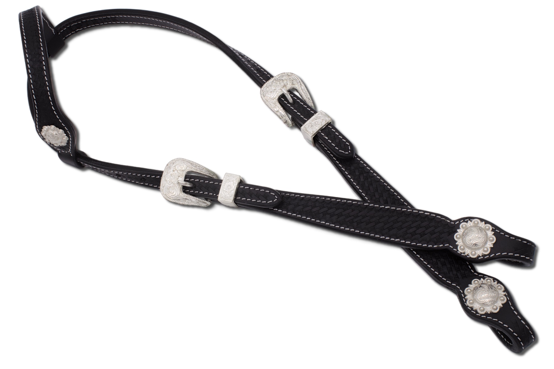 westerntrense-schwarz-silber-o428jf Einohr Westerntrense schwarz mit silberfarbenen Schnallen und Conchos