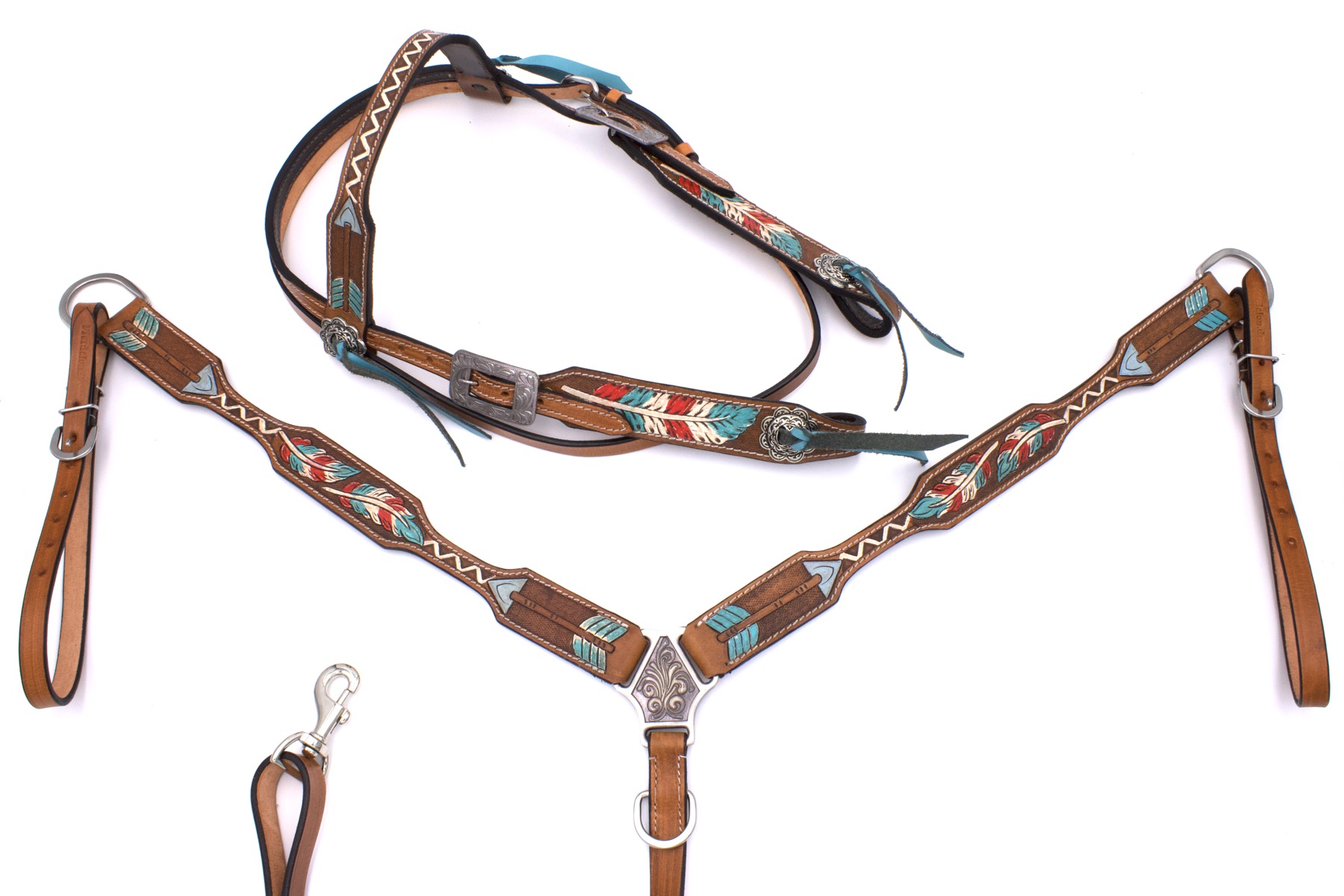 westernset-feder-pfeil-283z11der Feder- und Pfeillook Show, Set aus Westernkopfstück mit Vorderzeug, bunt, Leder