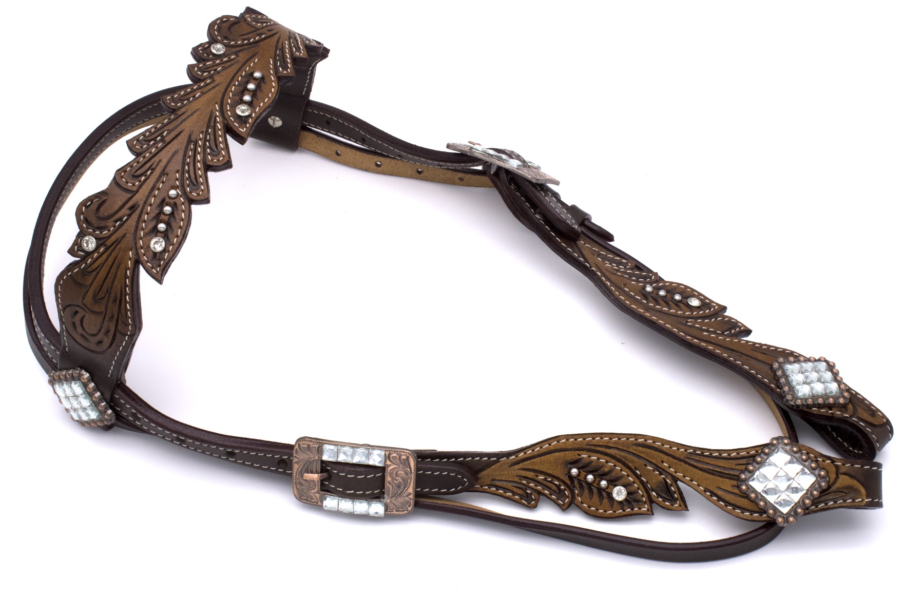 westerntrense-vintage-dunkelbraun-SW11453 Vintage Style Westerntrense mit klaren Strasssteinen, kupferfarbene Schnallen, Stirnriemen