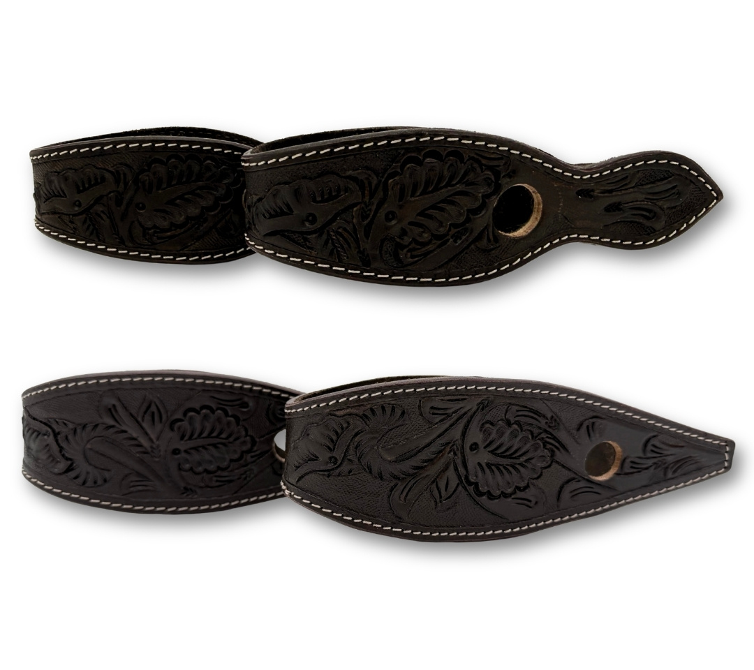 Leather slobber bars with punched flowers, dark brown