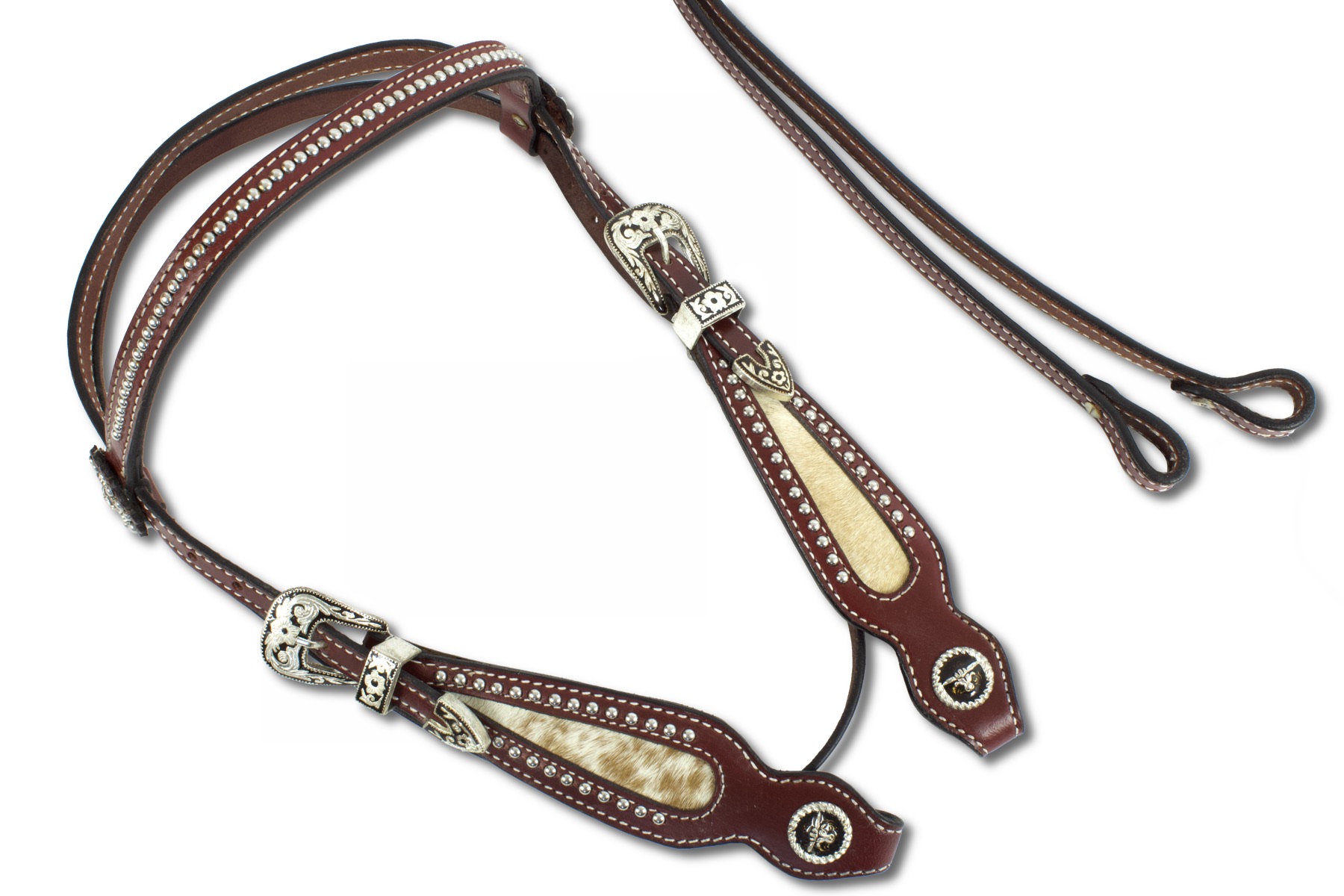 westerntrense-red-haarinlay-824r Westernzaum, Trense mit Echthaar Inlay, Nieten und silber, kupferfarbene Schnallen