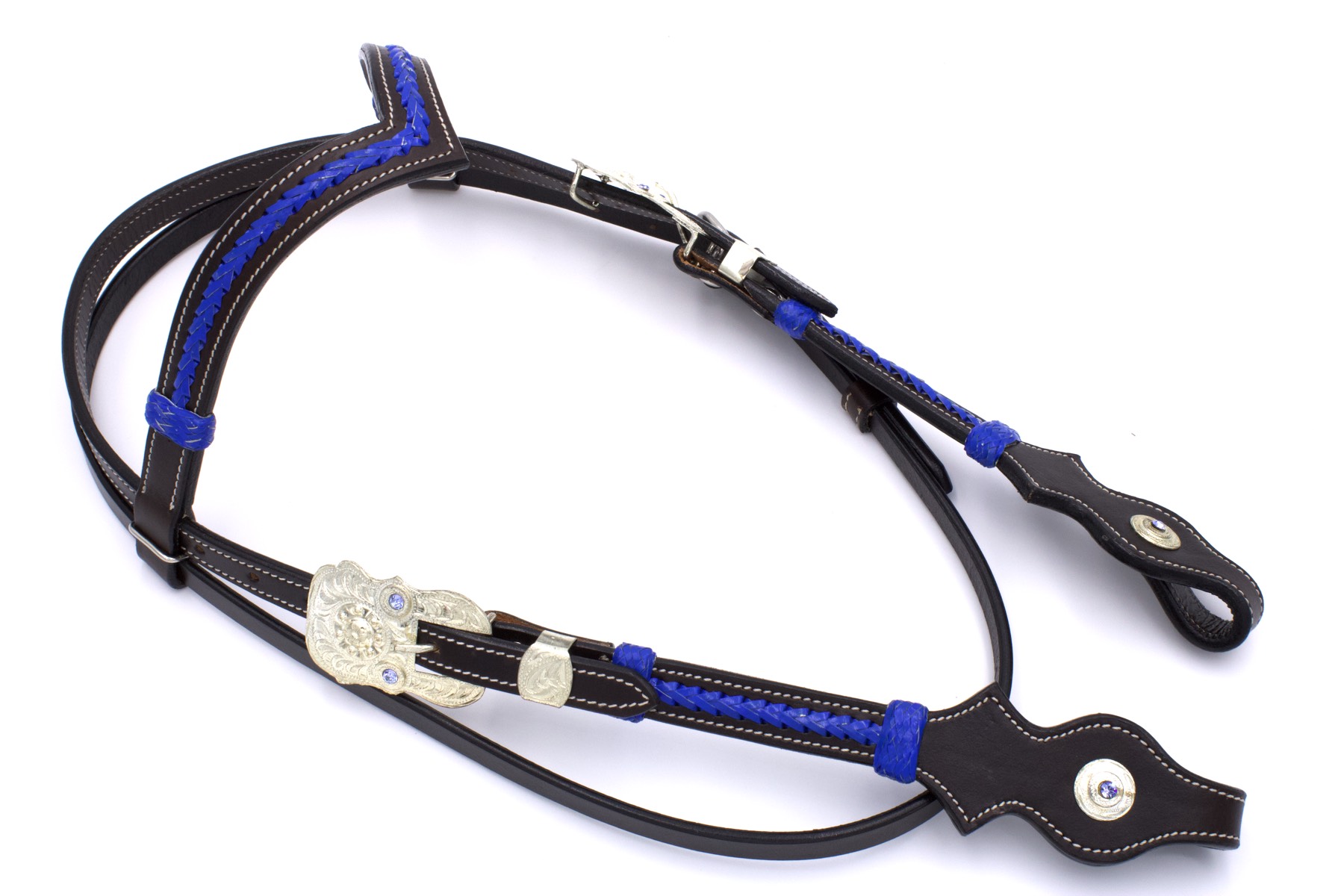 trense-2i4h948gh-2 Westerntrense dunkelbraun, blaue Verzierungen aus Rohhaut