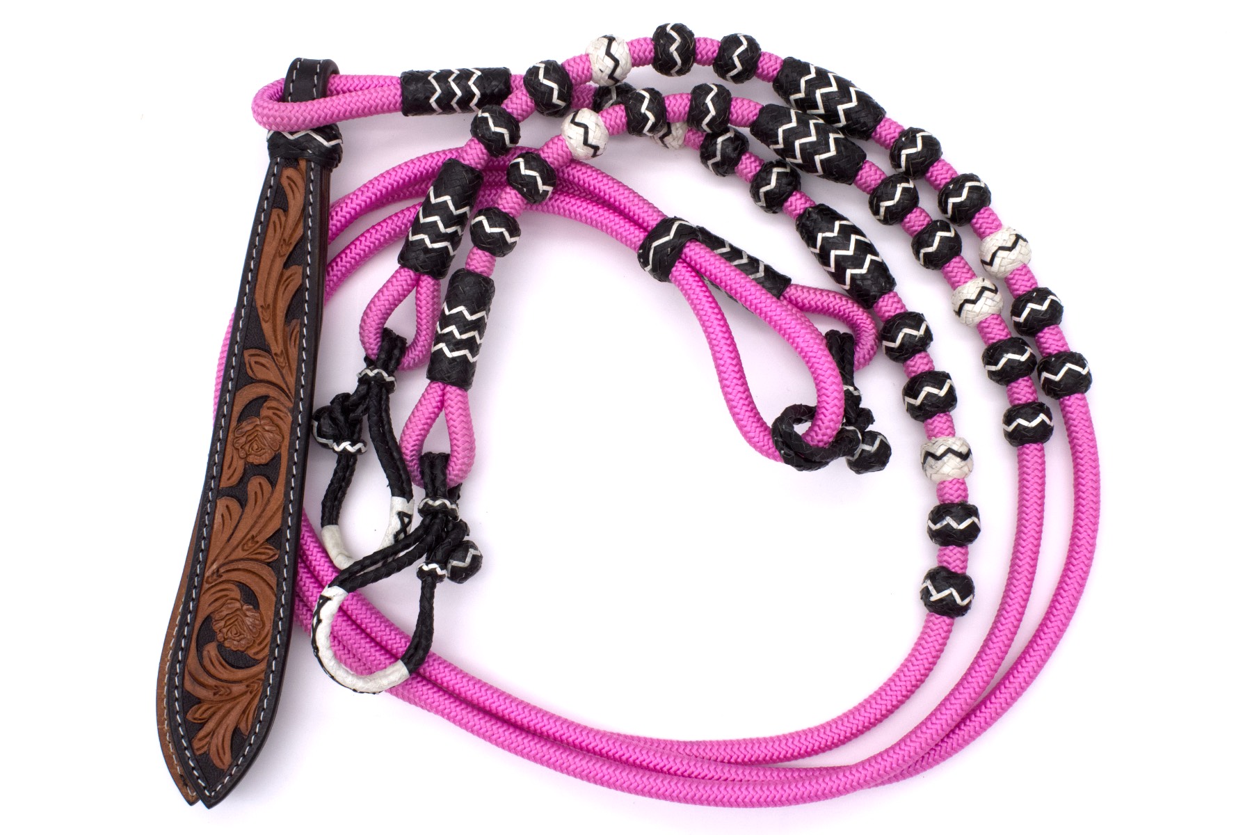 Nylon Romal Reins pink mit Buttons aus Rohhaut