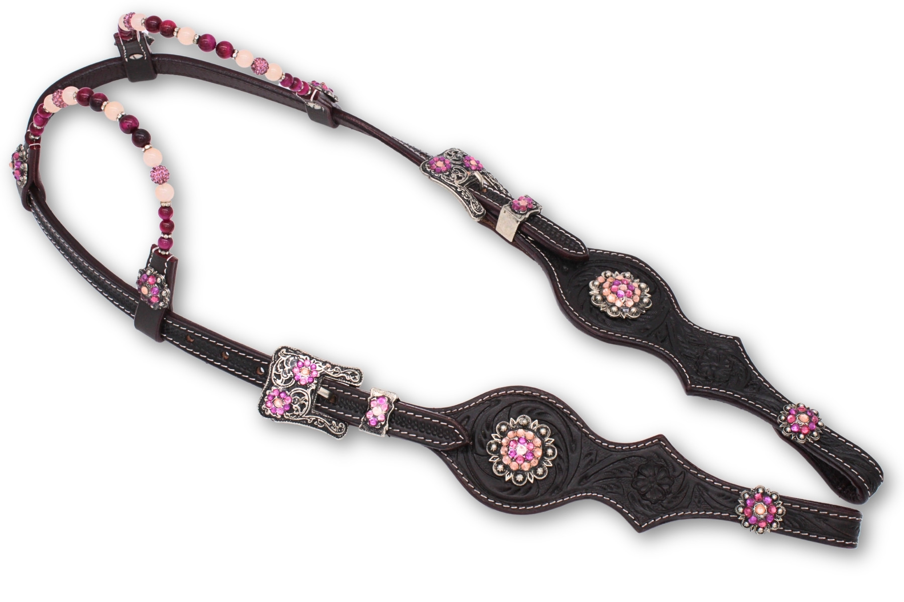 Zweiohr Westerntrense dunkelbraun punziert dark Pink/silber mit Perlen-Earloop Zweiohr Westerntrense dunkelbraun punziert dark Pink/silber mit Perlen-Earloop