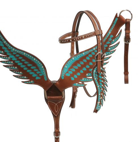Wings Show Western-Kopfstück, Set aus Vorderzeug und Trense, türkis mit Strass, in Flügelform